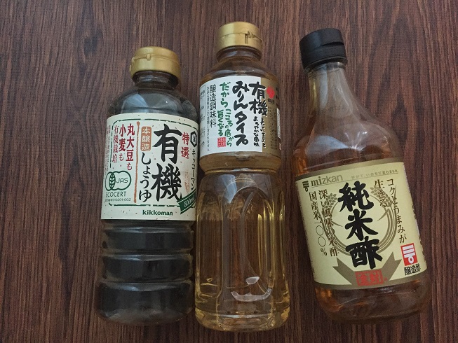 有機しょうゆ、有機みりん、純米酢